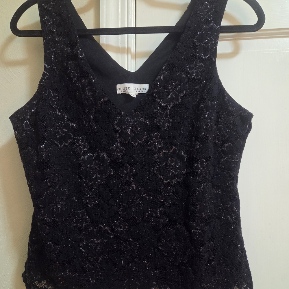 White House Black Market Black Embellished Fitted Tank Top